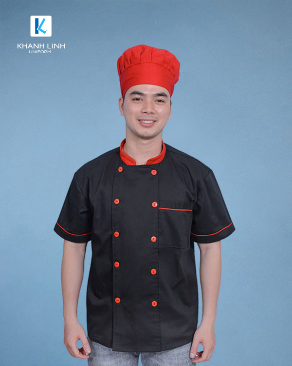 Đồng phục áo bếp nhà hàng may sẵn màu đen ngắn tay mẫu 44-1