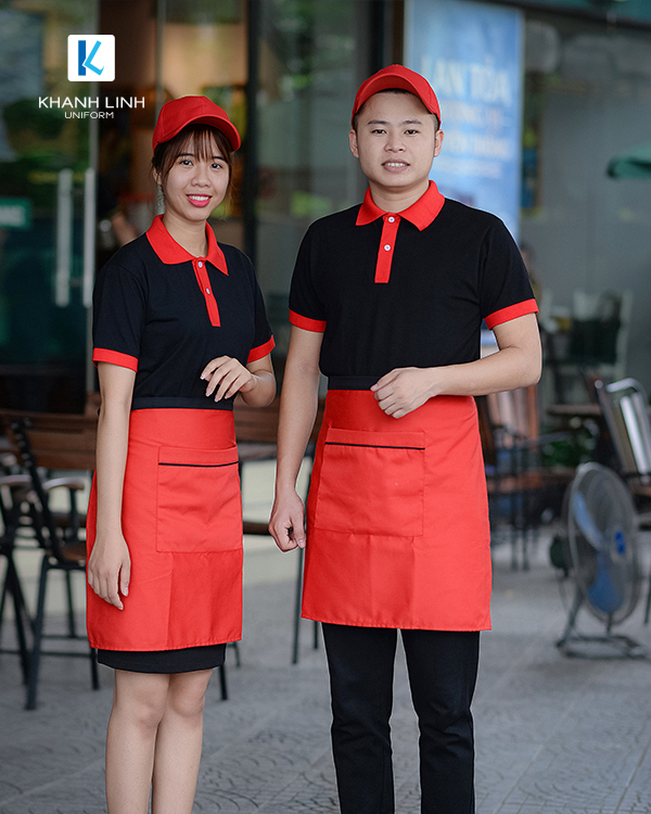 COMBO áo phông cổ bẻ màu đen tạp dề ngắn màu cam 3